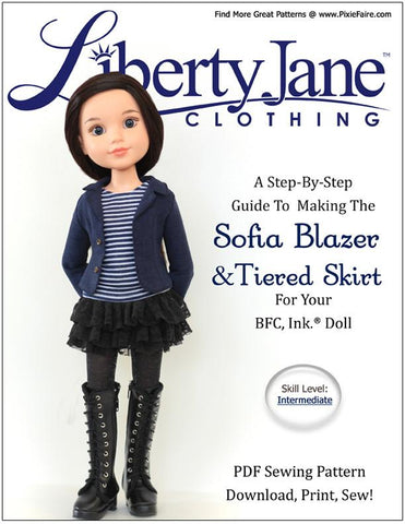 Liberty Jane BFC Ink Sofia Blazer and Tiered Skirt Pattern for BFC, Ink. Dolls larougetdelisle