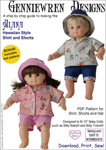 Genniewren Bitty Baby/Twin Alana - Hawaiian-Style Shirt, Shorts and Hat 15" Baby Doll Clothes larougetdelisle