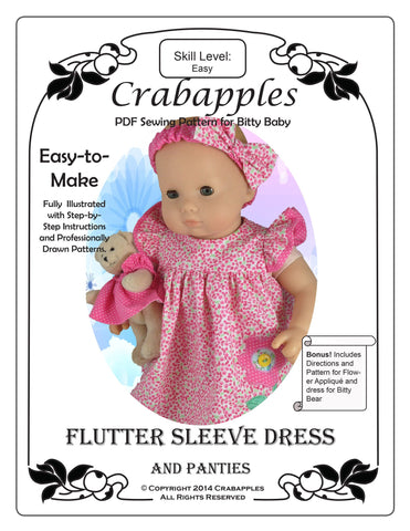 Crabapples Bitty Baby/Twin Bitty Baby Flutter Sleeve Dress 15" Baby Doll Clothes Pattern larougetdelisle