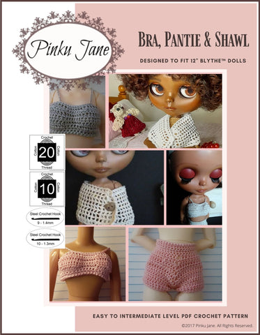 Pinku Jane Blythe/Pullip Bra, Pantie, & Shawl Crochet Pattern For 12" Blythe Dolls larougetdelisle