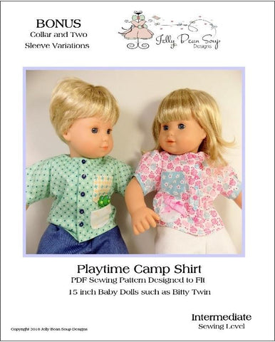 Jelly Bean Soup Designs Bitty Baby/Twin Playtime Camp Shirts 15" Baby Doll Clothes Pattern larougetdelisle