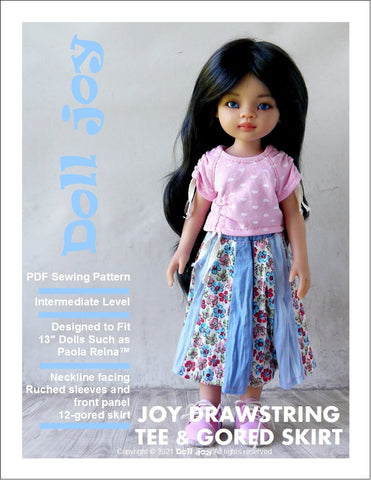 Doll Joy Paola Reina Joy Drawstring Tee and Gored Skirt Pattern For 13" Paola Reina Dolls larougetdelisle