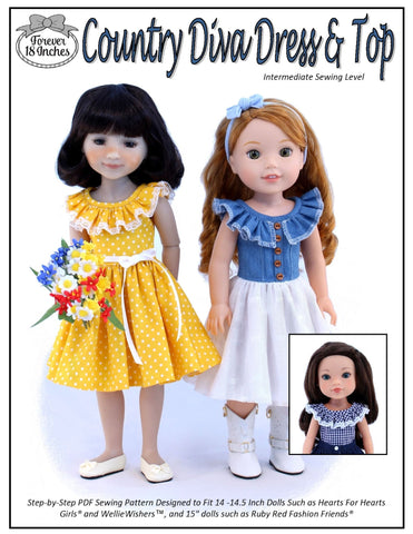 Forever 18 Inches WellieWishers Country Diva Dress & Top 14" - 15" Doll Clothes Pattern larougetdelisle