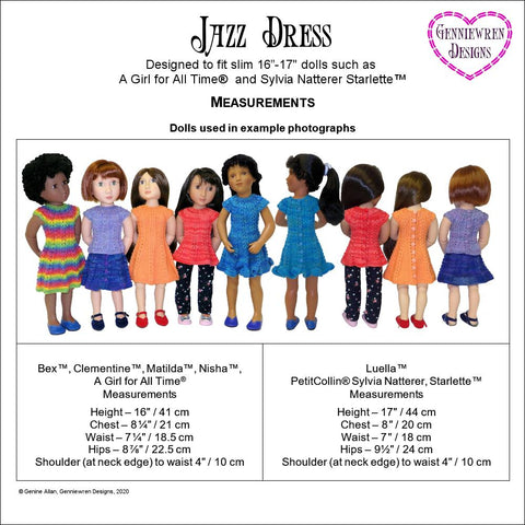 Genniewren A Girl For All Time Jazz Dress Knitting Pattern for AGAT and Sylvia Natterer Starlette™ Dolls larougetdelisle