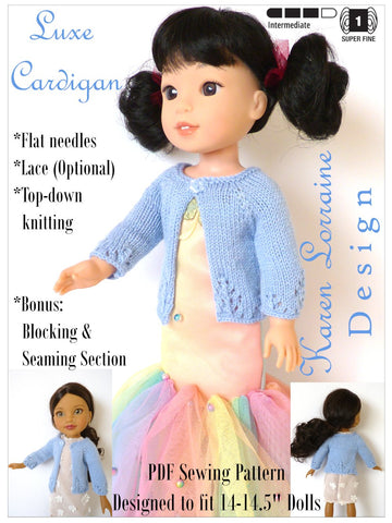 Karen Lorraine Design WellieWishers Luxe Cardigan 14-14.5 Inch Doll Clothes Knitting Pattern larougetdelisle
