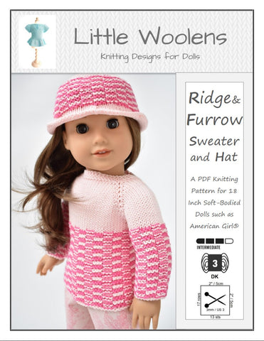 Little Woolens Designs Knitting Ridge & Furrow Sweater and Hat 18" Doll Clothes Knitting Pattern larougetdelisle