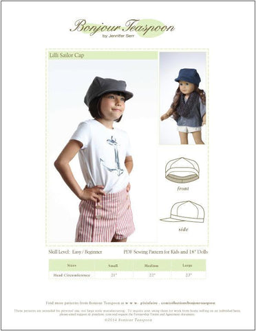 Bonjour Teaspoon 18 Inch Modern Lilli Sailor Cap Pattern for Kids and 18" Dolls larougetdelisle