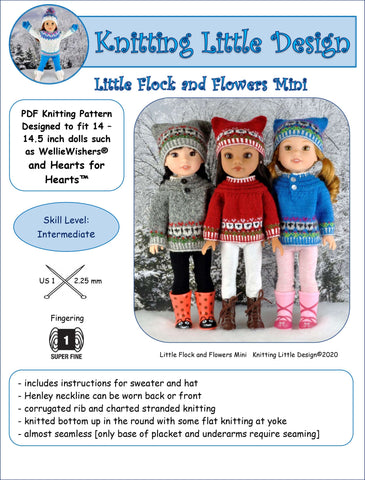 Knitting Little Designs WellieWishers Little Flock and Flowers Mini 14-14.5" Doll Clothes Knitting Pattern larougetdelisle