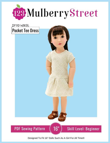 123 Mulberry Street A Girl For All Time Drop Waist Pocket Tee Dress Pattern For 16" A Girl For All Time Dolls larougetdelisle