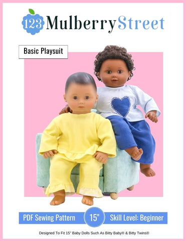 123 Mulberry Street Bitty Baby/Twin Basic Playsuit 15" Baby Doll Clothes Pattern larougetdelisle