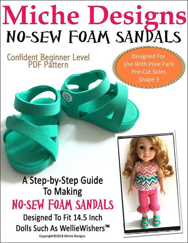 Miche Designs WellieWishers No-Sew Foam Sandals 14.5" Doll Shoe Pattern larougetdelisle