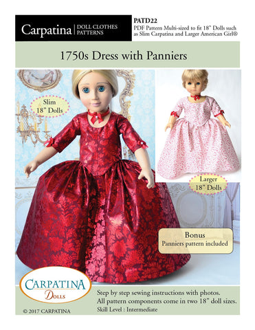 Carpatina Dolls 18 Inch Historical 1750's Dress with Panniers Multi-sized Pattern for Regular and Slim 18" Dolls larougetdelisle