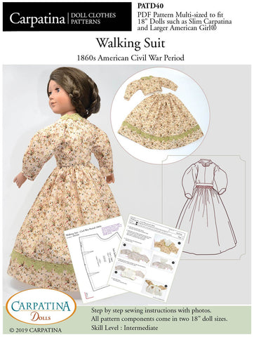 Carpatina Dolls 18 Inch Historical Walking Suit - 1860s Multi-sized Pattern for Regular and Slim 18" Dolls larougetdelisle