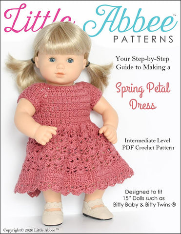 Little Abbee Bitty Baby/Twin Spring Petal Dress 15" Baby Doll Crochet Pattern larougetdelisle