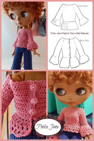 Pinku Jane Blythe/Pullip Peplum Top w Bell Sleeves Crochet Pattern For 12" Blythe Dolls larougetdelisle
