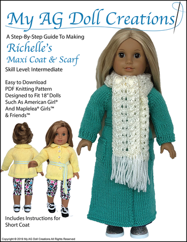 My AG Doll Creations Knitting Richelle's Maxi Coat & Scarf 18" Doll Knitting Pattern larougetdelisle