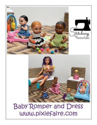 Stitchery By Snowflake Barbie Baby Romper and Dress 3" Doll Clothes Crochet Pattern larougetdelisle