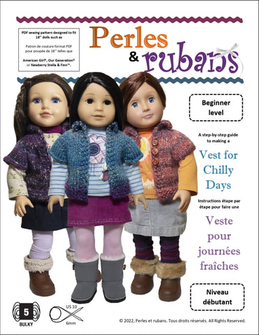 Perles & Rubans Knitting Vest for Chilly Days 18" Doll Clothes Knitting Pattern larougetdelisle