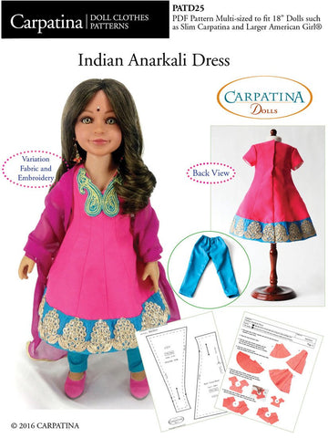 Carpatina Dolls 18 Inch Historical Indian Anarkali Dress Multi-sized Pattern for Regular and Slim 18" Dolls larougetdelisle