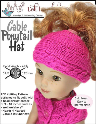 Doll Tag Clothing WellieWishers Cable Ponytail Hat Knitting Pattern for 13 to 14.5 Inch Dolls larougetdelisle