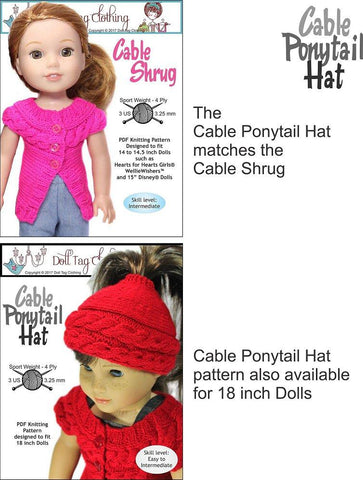 Doll Tag Clothing WellieWishers Cable Ponytail Hat Knitting Pattern for 13 to 14.5 Inch Dolls larougetdelisle