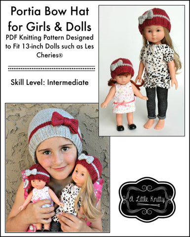 A Little Knitty Knitting Portia Bow Hat Knitting Pattern for Girls & Les Cheries Dolls larougetdelisle