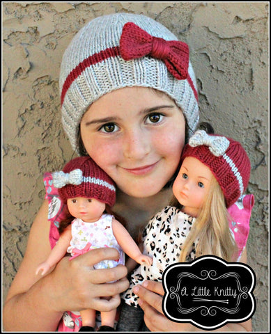 A Little Knitty Knitting Portia Bow Hat Knitting Pattern for Girls & Les Cheries Dolls larougetdelisle
