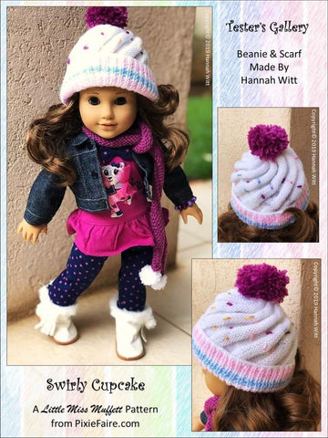Little Miss Muffett Knitting Swirly Cupcake Beanie 18" Doll Knitting Pattern larougetdelisle