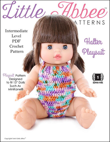 Little Abbee MiniKane Halter Playsuit Crochet Pattern for 13" MiniKane Baby Dolls larougetdelisle