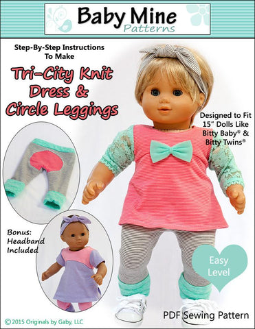 Baby Mine Bitty Baby/Twin Tri-City Knit Dress & Circle Leggings 15" Baby Doll Clothes Pattern larougetdelisle