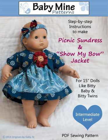 Baby Mine Bitty Baby/Twin Picnic Sundress and Show My Bow Jacket 15" Baby Doll Clothes Pattern larougetdelisle